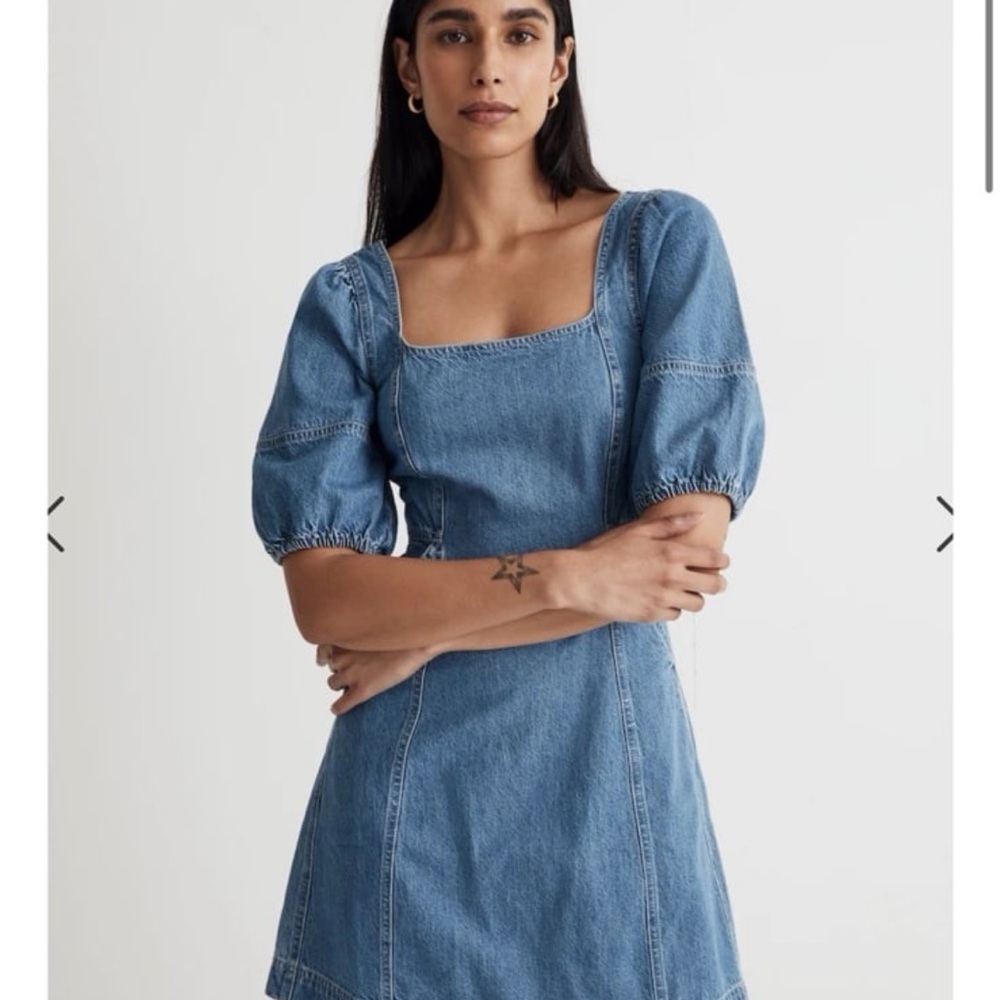 Madewell Blue Square Neck Puff Sleeve Mini Dress